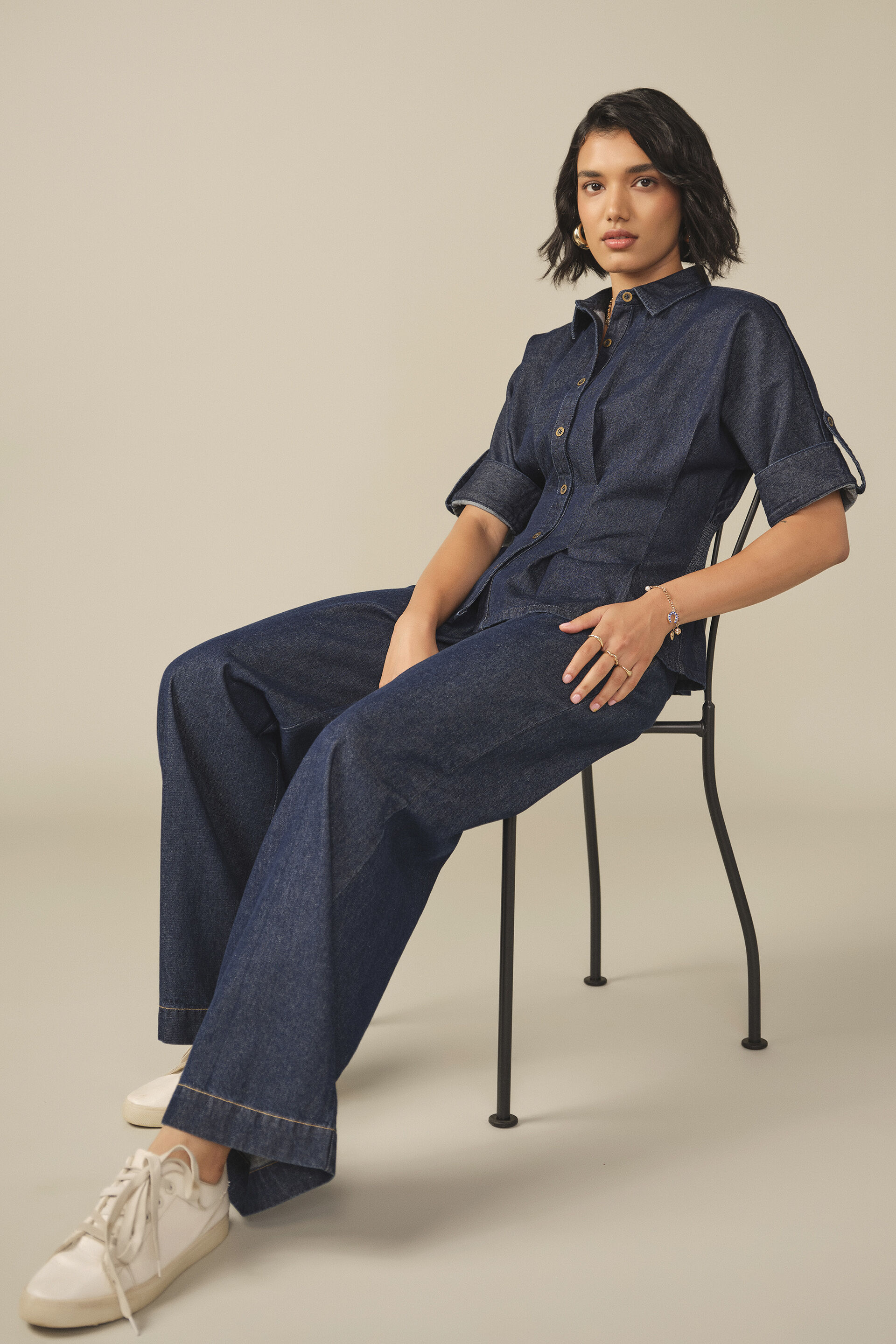 Roll-Up Sleeves Top in Denim Blue, Blue, image 5